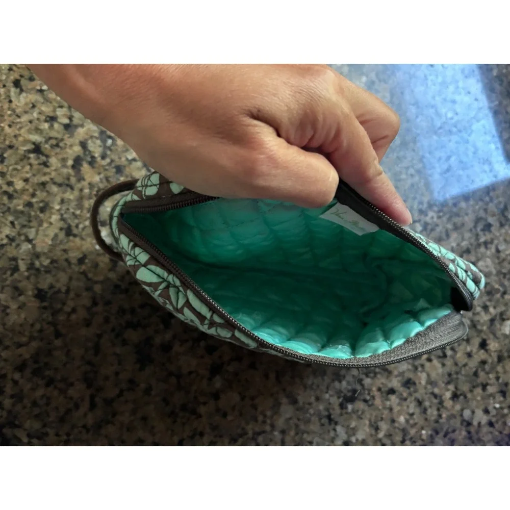 Vera Bradley Quilted Cotton Makeup Bag Turquoise Brown Leaf Print Cosmetic Pouch